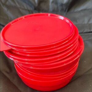 New! 4 Tupperware Red Round Plastic Lids & Bowls